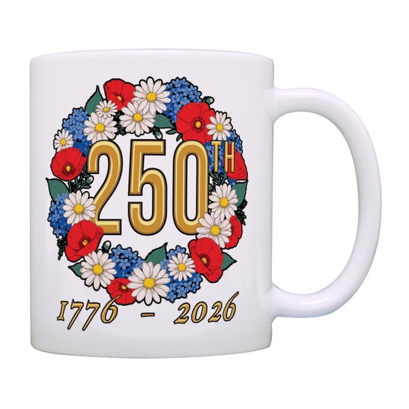 250th - Flower Wreath 1776-2026 - 2026 Independence Celebration Gift - Ceramic Mug - 11oz