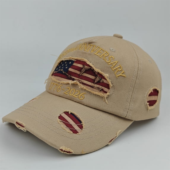 250th US Anniversary Distressed Denim Hat 1776–2026 Embroidered Patriotic Baseball Cap Adjustable Metal Buckle,Beige