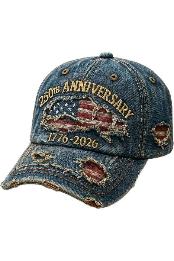 250th US Anniversary Distressed Denim Hat 17762026 Embroidered Patriotic Baseball Cap, Adjustable Metal Buckle