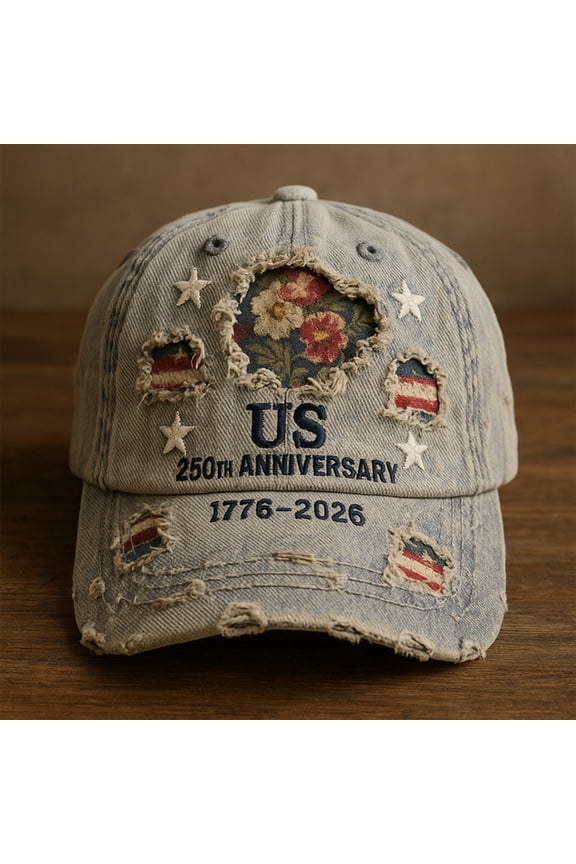 250th US Anniversary Distressed Denim Hat – 1776–2026 Embroidered Patriotic Baseball Cap, Adjustable Metal Buckle