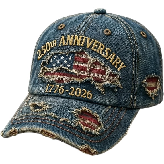 250th US Anniversary Hat Distressed Denim Hat  17762026 Embroidered Patriotic Baseball Cap, Adjustable Metal Buckle