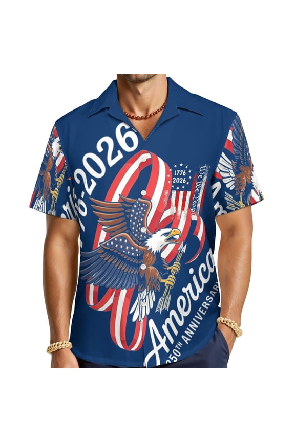 250th USA Anniversary Hawaiian Shirt, USA Patriotic Button Down Short Sleeve Tropical Shirt with Comfortable Relaxed Fit for Summer Travel, 4th of July Gift for Family and Friends