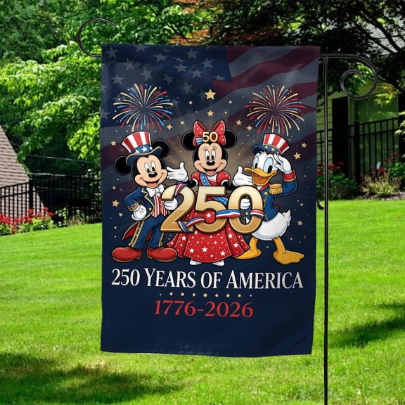 250th Years 4th of July Fairytail Garden Flag, Patriotic Independence Day Flag, Cartoon Mouse And Bow Mouse USA Vintage Fireworks Outdoor Decor AYBZ10