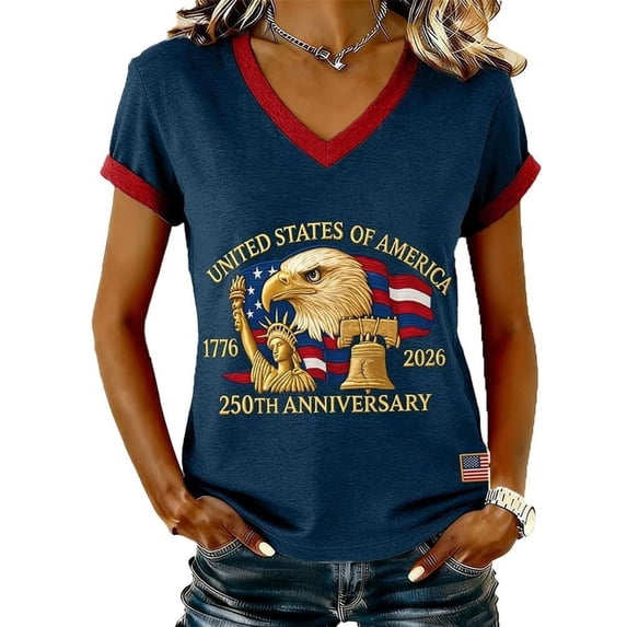 250th anniversary usa shirt for Women, 1776-2026 Freedom Graphic Tee, V Neck Short Sleeve Relaxed Fit Top for Independence Day July 4th