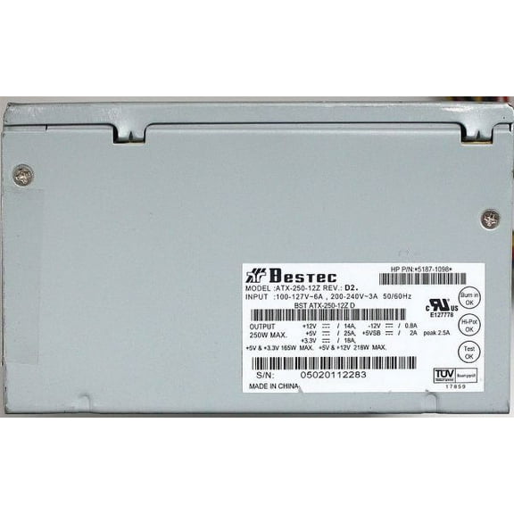 250w power supply, atx-250-12z rev.d2, hp p/n: 5187-1098