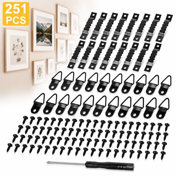 251 Pcs Picture Hanging Kit, Include 50 Sawtooth Picture Hangers, 50 D Rings, 150 Screws and Screwdriver, Heavy Duty Picture Frame Hanging Hardware for Wall Artworks Frame Canvas Mounting