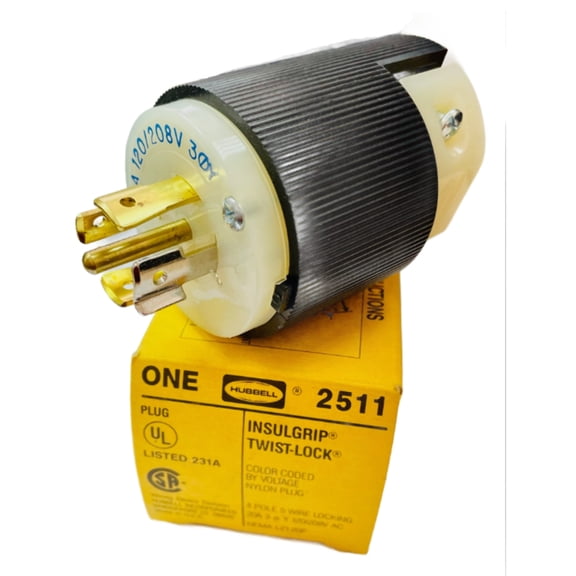 2511 Nylon Plug, Locking Devices, Twist-Lock, Industrial, Male Plug, 20A 3-Phase 120/208VAC, 4-Pole 5-Wire Grounding, L21-20P, Screw Terminal, Black and White, HBL2511