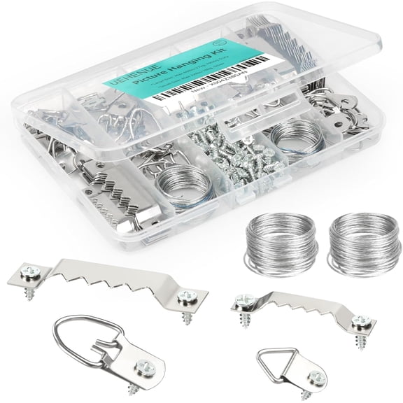 251Pcs Picture Hanging Kit, Include 50 Sawtooth Picture Hangers, 50 D Rings, 150 Screws and 3.6m Wire Ropes, Heavy Duty Picture Frame Hanging Hardware for Wall Artworks Frame Canvas Mounting