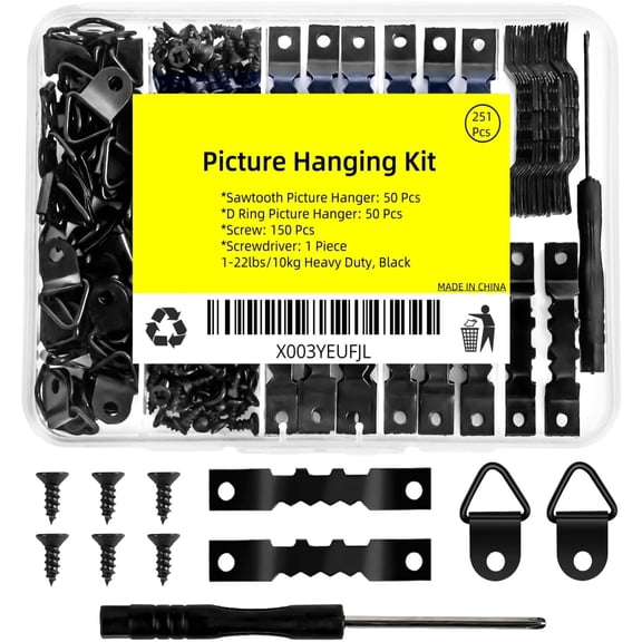 251Pcs Picture Hanging Kit, Include 50 Sawtooth Picture Hangers, 50 D Rings, 150 Screws and Screwdriver, Heavy Duty Picture Frame Hanging Hardware for Wall Artworks Frame Canvas Mounting