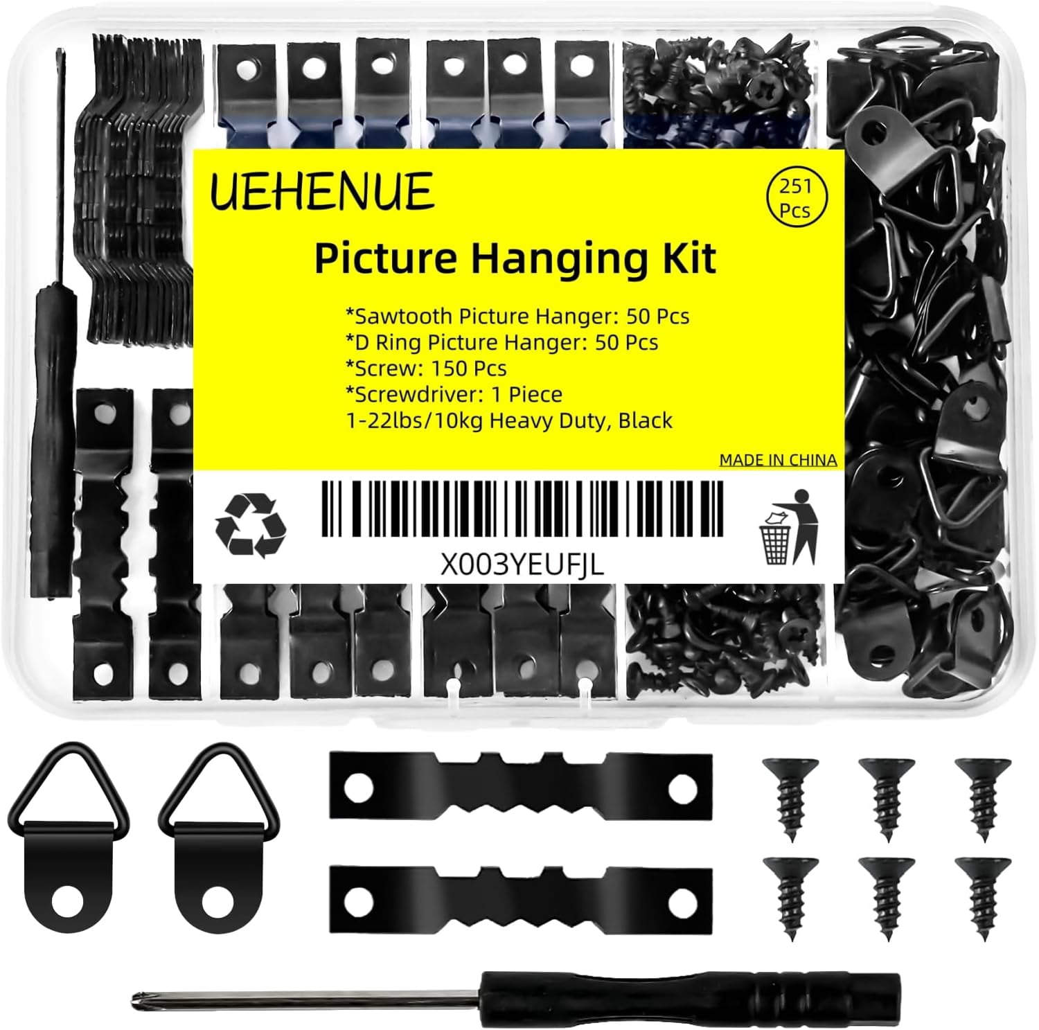 251Pcs Picture Hanging Kit, Include 50 Sawtooth Picture Hangers, 50 D Rings, 150 Screws and Screwdriver, Heavy Duty Picture Frame Hanging Hardware for Wall Artworks Frame Canvas Mounting