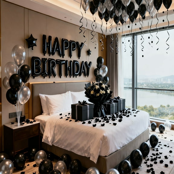 251pcs Black Birthday Happy Balloon Set, 16.0inch Letter Balloons, 18.0inch Heart Foil Balloons, Suitable for Birthday Themes, English Letters, Room Decorations,Birthday Party Scene Decoration