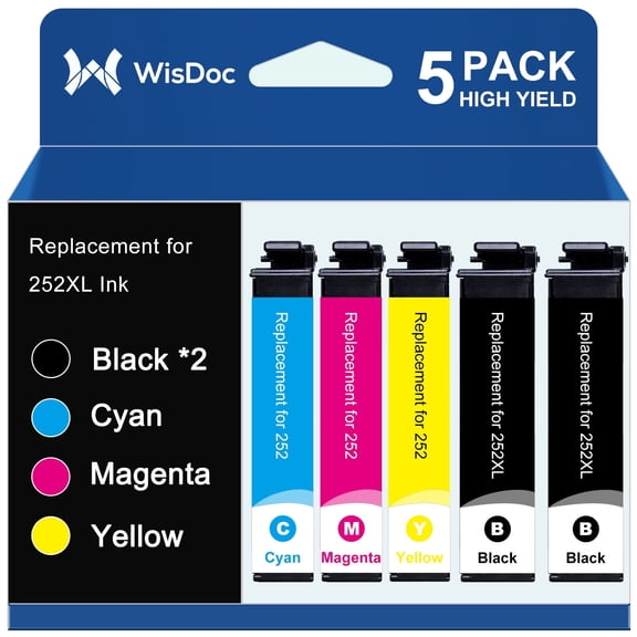 252 252XL Ink Cartridge for Epson Workforce WF-7620 WF-7710 WF-3640 WF-3630 WF-3620 WF-7610 WF-7110 Compatible with Epson Printer (Black Cyan Magenta Yellow,5-Pack)
