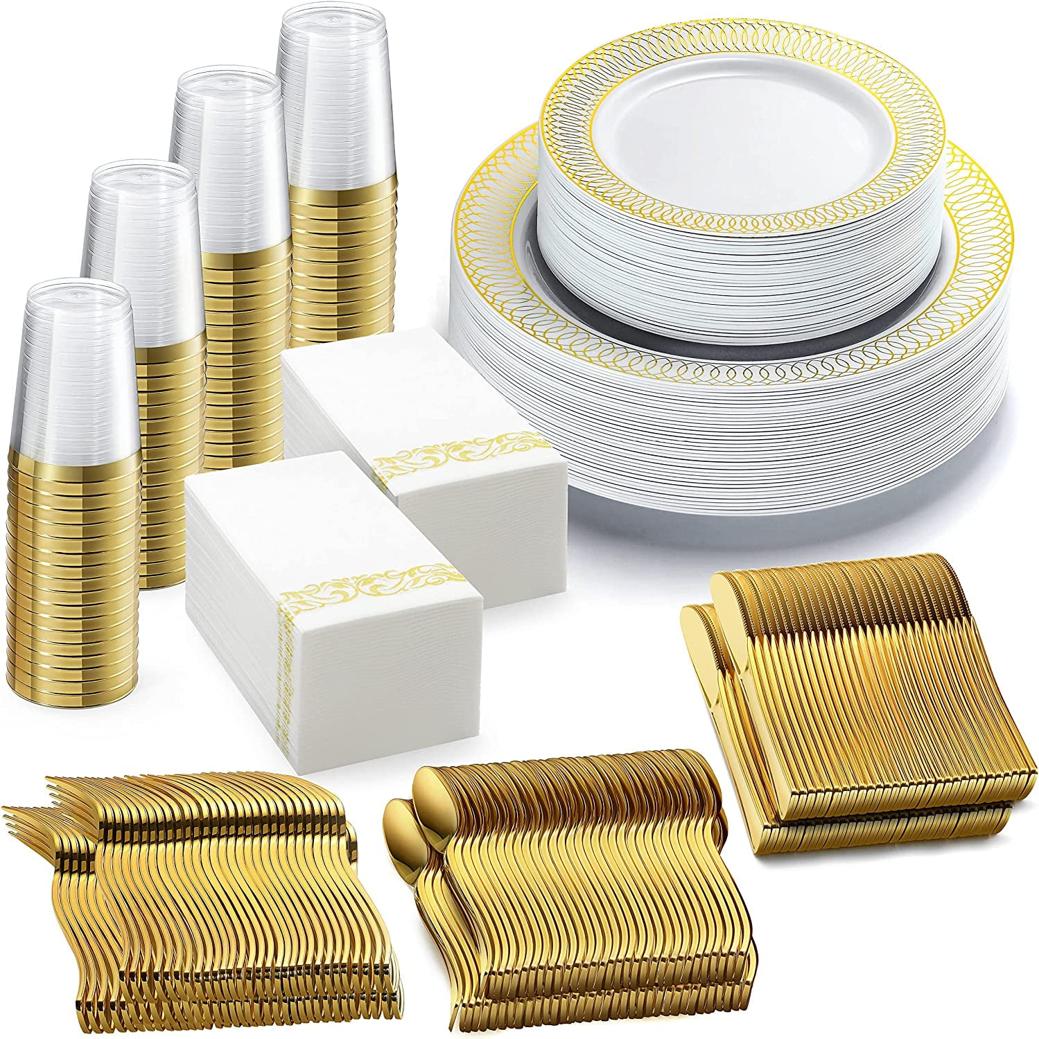 Chateau 252Piece Elegant Dinnerware Set, Fancy Disposable White and Gold Plates, Napkins for 36