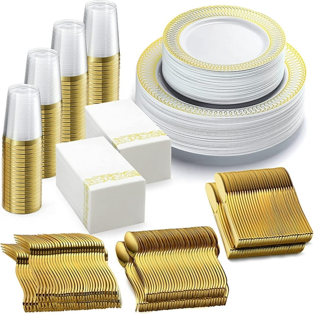 Chateau 252Piece Elegant Dinnerware Set, Fancy Disposable White and Gold Plates, Napkins for 36