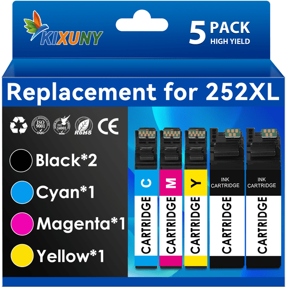 KIXUNY Ink Cartridge Compatible with Epson 252 Ink for Epson Workforce WF-7710 (2 Black, Cyan, Magenta,Yellow, 5-Pack)