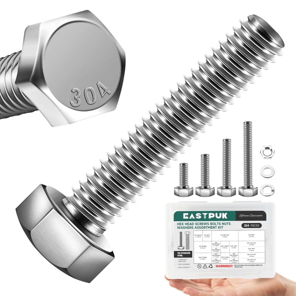 254 Pack Nuts and Bolts Assortment Kit 1/4-20, 5/16-18, 3/8-16 SAE Hex Head, Stainless Steel 304, Bolt Kit with Assorted Screws Nuts and Bolts, Flat & Spring Lock Washers