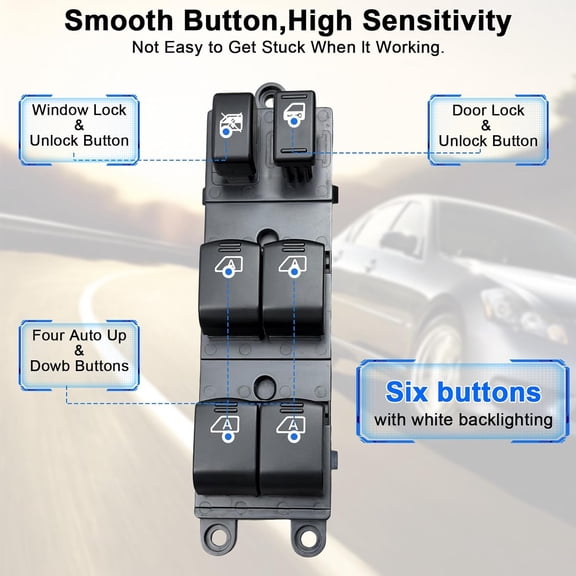 25401-EH100 Power Window Switch for 2006-2013 Infiniti M25 M35 M45 - Direct Fit Front Left Driver Side, White LED Backlight & Child Lock with One-Touch Auto Up/Down