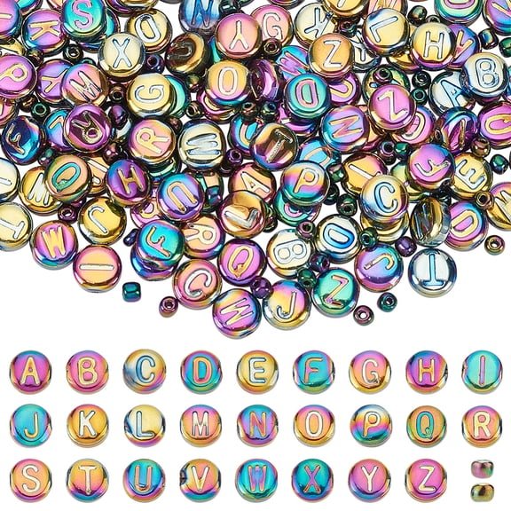254Pcs 27 Style Electroplated Glass Beads Rondelle Flat Round with Initial Letter Rainbow Plated 4~10x3~5mm Hole: 1~1.2mm