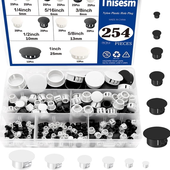 254Pcs 6 Sizes Nylon Plastic Hole Plug Kits 1/5" 1/4" 5/16" 3/8" 1/2" 1" Round Drill Hole, Flush Type Panel Knockout Locking Plugs, Black Screw Covers for Furniture Cabinet Insert End Caps