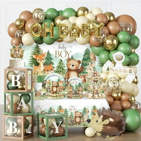 254Pcs Woodland Baby Shower Decorations, All-in-one Baby Boy Woodland Forest Animals Party Set with Plates, 2 Tablecloths, Cupcake Stand Woodland Theme Baby Shower Decorations