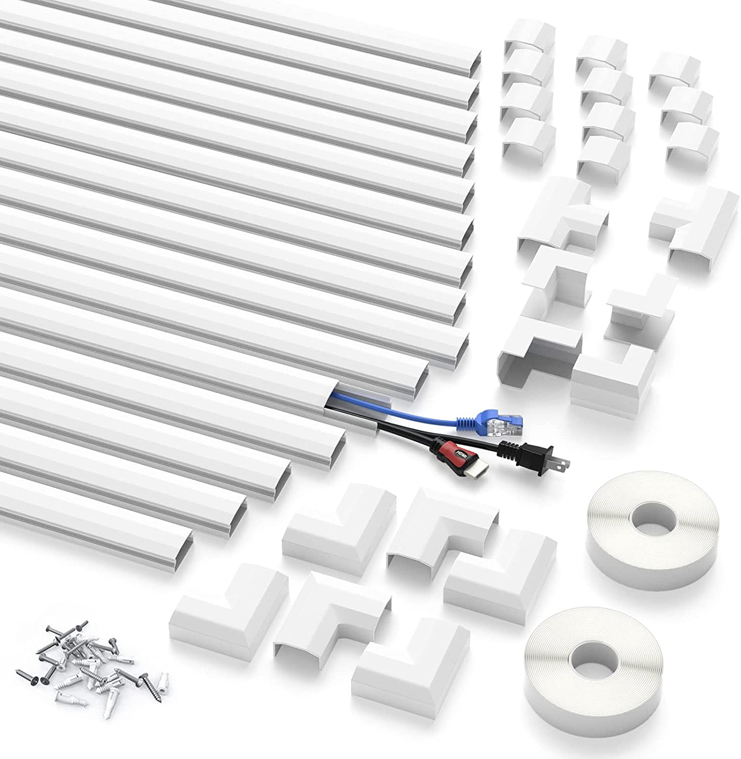 Delamu 254-Inch Cable Cover, White PVC Cable Management Kit, 15-Count