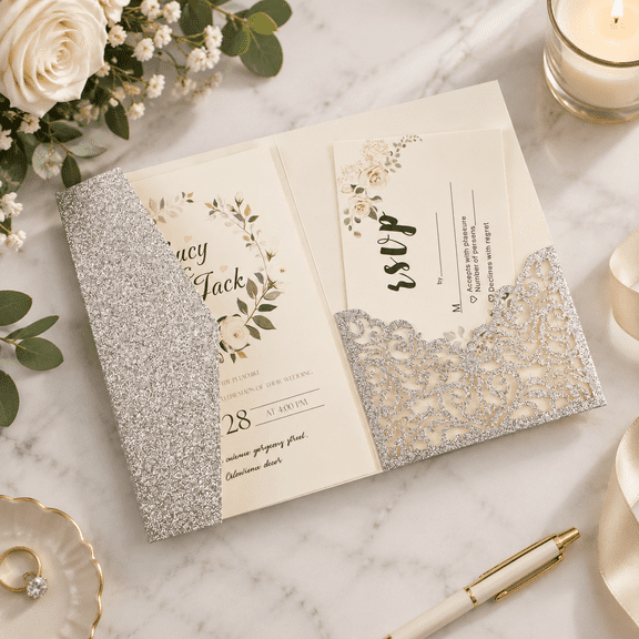 255"x7.28" Glitter Vine Tri Fold Pocketfold Wedding Invitations Cards Pocket Paper Cut Hollow Carving Greeting Invites Covers Only