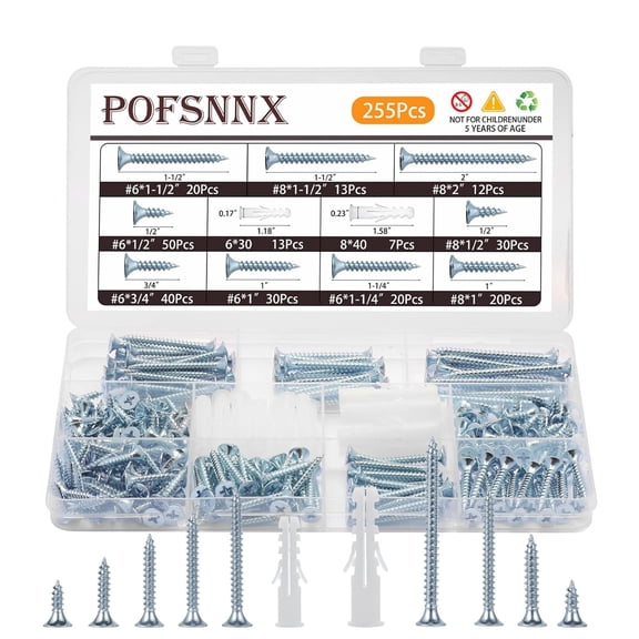 255PCS High Hardness Wood Screws Assortment Kit, #6#8 Phillips Flat Head, for Wood, Drywall, MDF, Furniture DIY, Contain 20PC Anchors and 9 Sizes(1/2" to 2"), Zinc