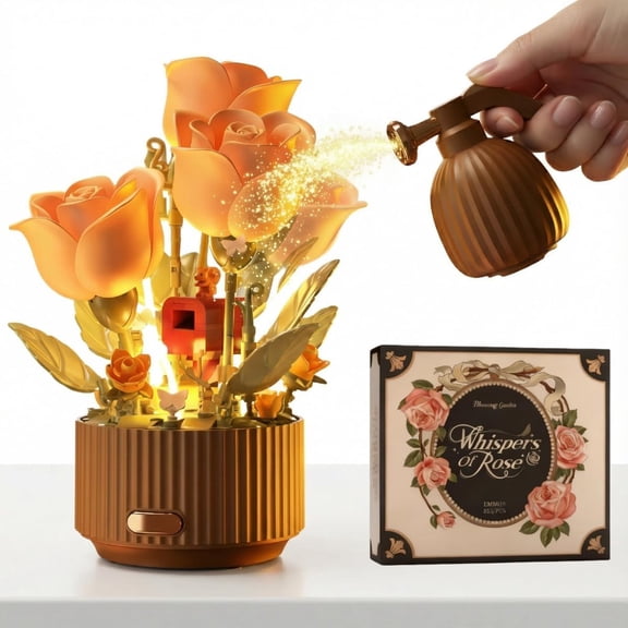 255Pcs Magic Watering Can Automatic Blooming Rose Building Blocks Set for Adults, Remote Control Flower Bouquet Kit with LED Lights & Sound, DIY Mechanical Botanical Decor for Valentines Day Home