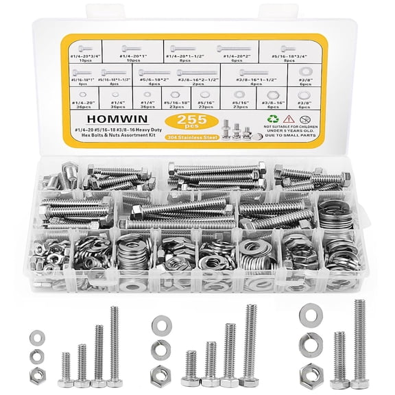 255Pcs Stainless Steel Bolts and Nuts Kit, 1/4-20, 5/16-18, 3/8-16 Hex Bolt and Nut Set, Assorted Screw Assortment Kit Silver
