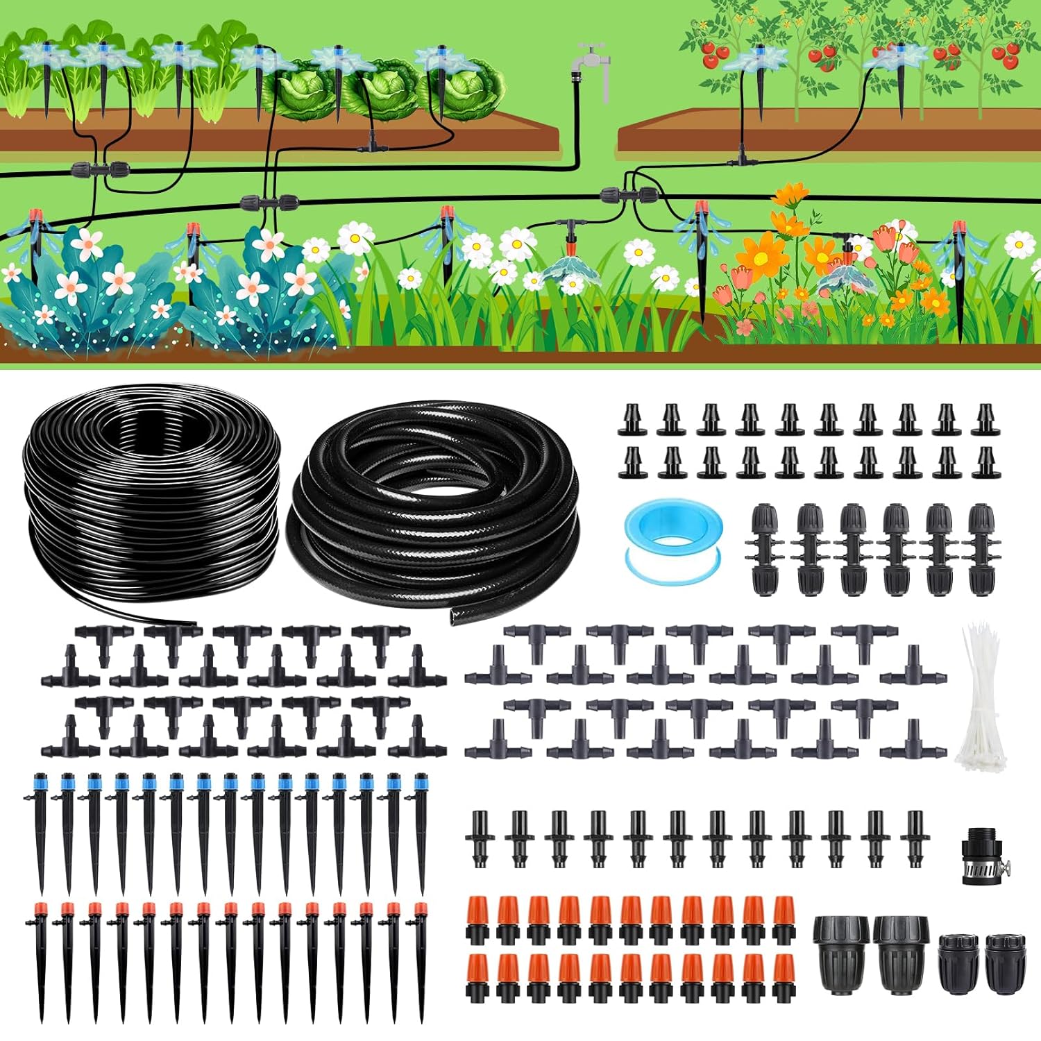 256 Ft Automatic Drip Irrigation System Kit for Greenhouse, Yard, Plant and Lawn, With 1/2 In Hose, 1/4 In Distribution Tubing and Accessories