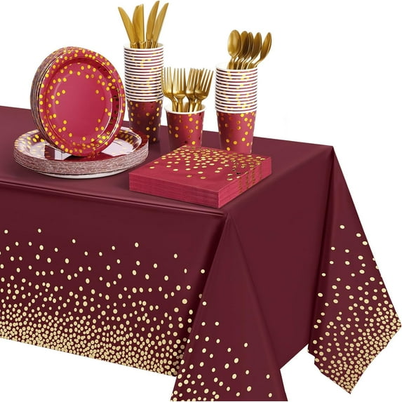 256 Pcs Burgundy Red and Gold Dot Party Supplies Paper Plate Napkin Cup ...