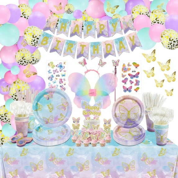 256 Pcs Butterfly Party Decorations - Including Plates, Tablecloth, Balloons, Banner, Butterfly Stickers, Cups, Butterfly Wing Set for Butterfly Birthday Decorations, Fairy Party Supplies