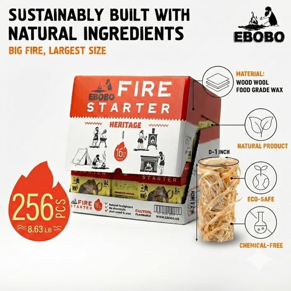 256 Pcs Natural Fire Starters for Fireplace Wood Stove Charcoal Grill BBQ Fire Pit Smoker - Wood Wool Wax Rolls Easy to Light No Prep