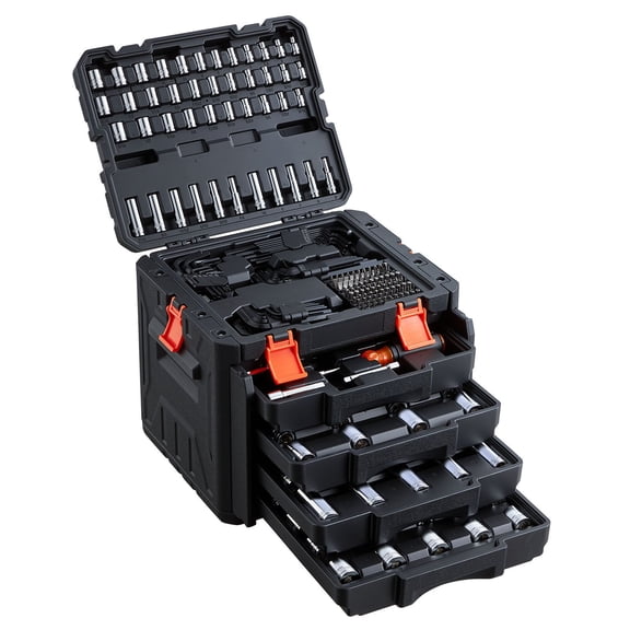 256-Piece technician Tool Set, 1/4 3/8 1/2 in Drive, SAE & Metric Sockets, Wrenches, Bits, Case for Auto Repair