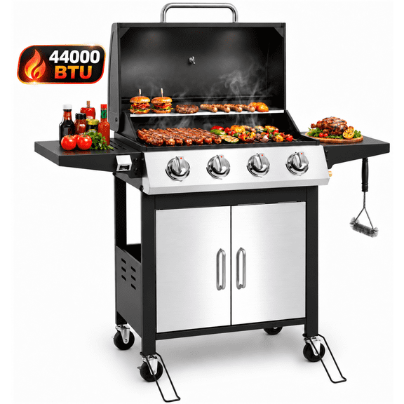 Syngar 4-Burner Propane Gas Grill, Bbq Grill with Folding Side Tables, 44,000 Btu, Porcelain Grates, Easy-Clean Design, Thermometer & Bottle Opener