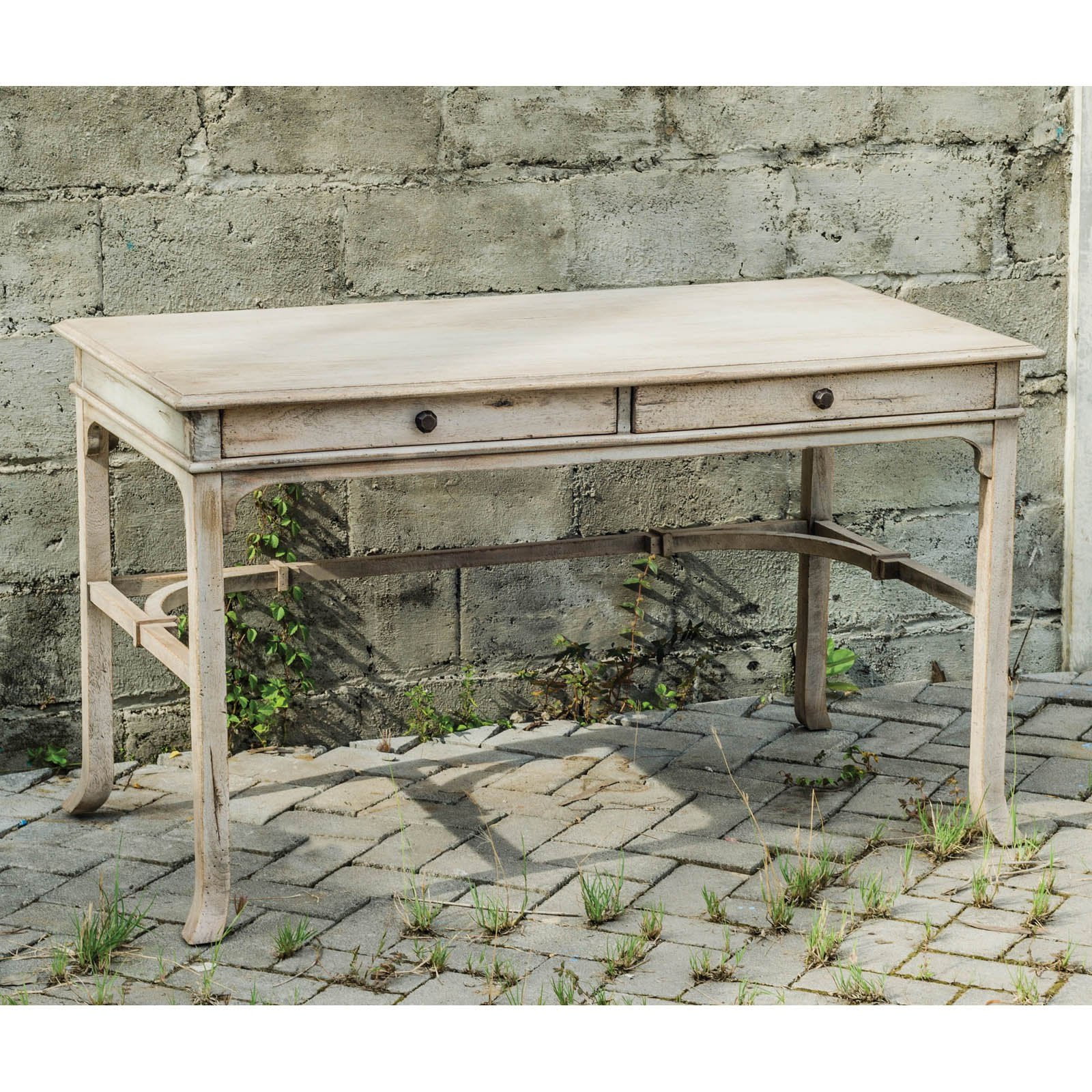 Elegantly Carved Aged White Solid Wood Home Office Desk with Drawers