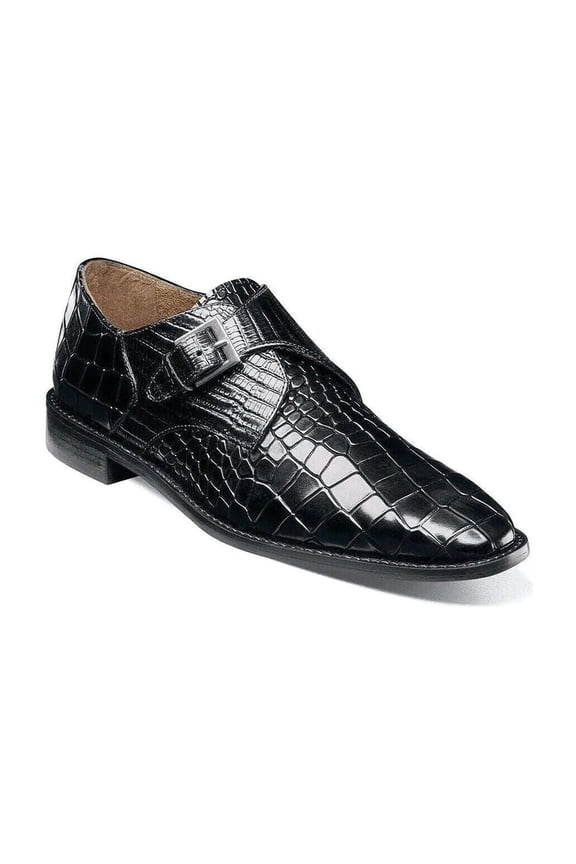 25637-001 Stacy Adams Rapino Plain Toe Monk Strap Shoes Crocodile Print Black