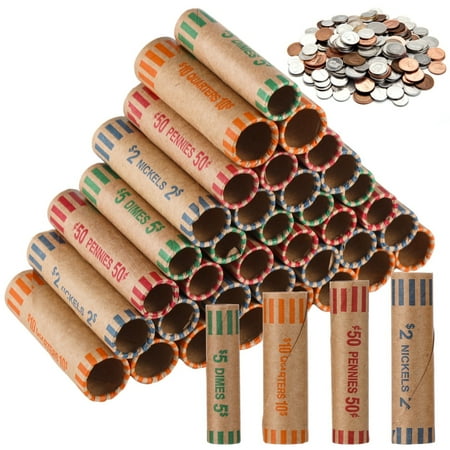 256PCS Coin Wrapper Rolls, Assorted Coin Wrapper, Preformed Coin Kraft Paper Roll, Coin Wrapping Tubes for 10 Quarters, 2 Nickles, 50 Pennies, 5 Dimes, Standard Coin Rolls for Home Office Bank