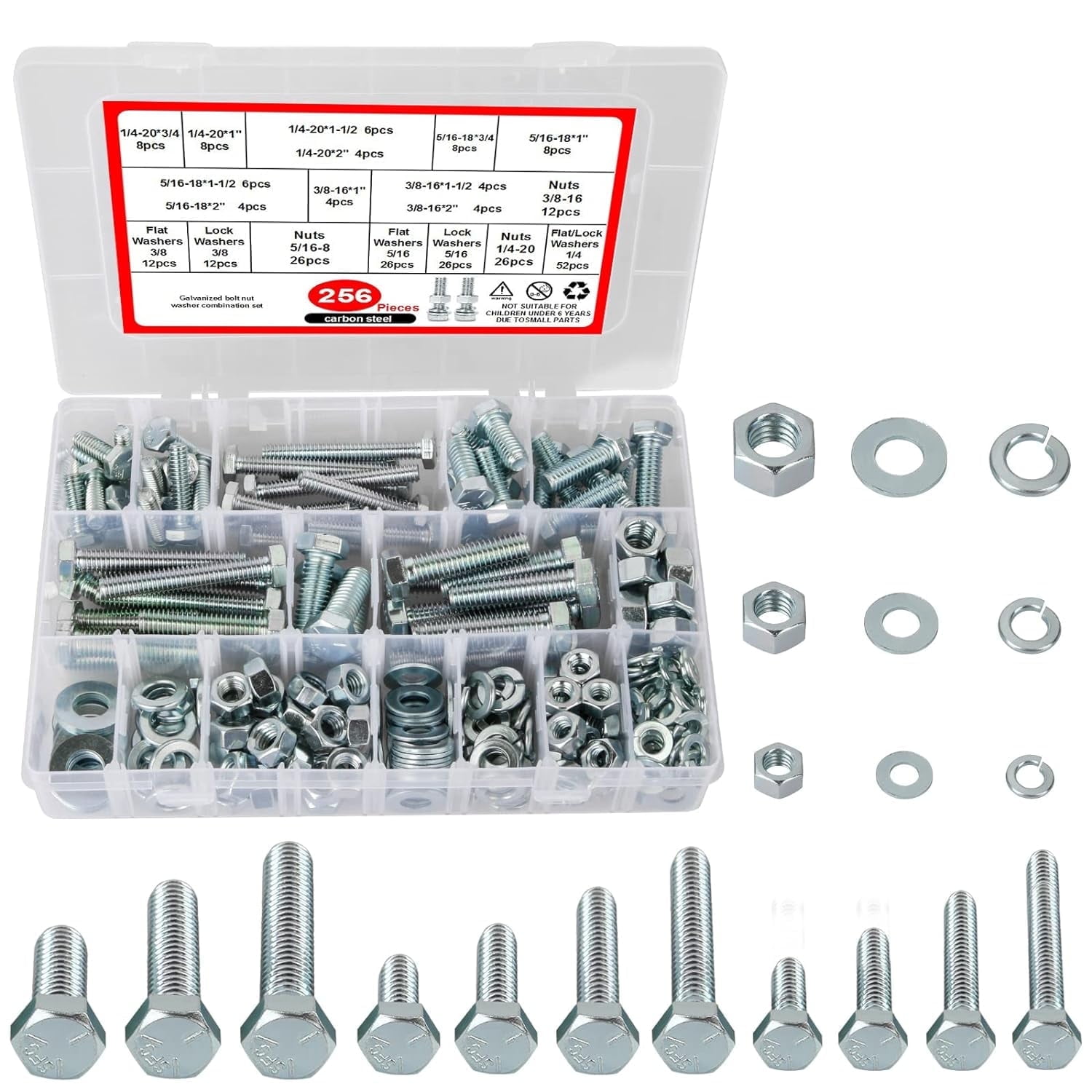 256PCS Heavy Duty Bolts and Nuts Assortment Kit, 1/420, 5/1618, 3/8