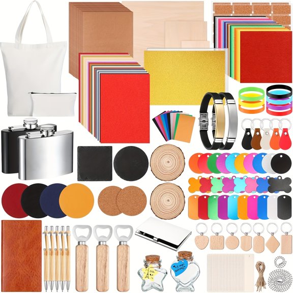 257pcs Laser Material Kit Laser Engraving Materials Including Acrylic, Metal, Wood, Fabric, PU Leather, Glass, Rock, Rubber Materials for Laser Engravers And Laser Cutters