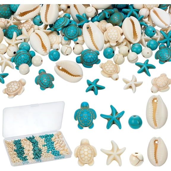 257pcs Turtle Beads Starfish Bead Including 6Styles Turquoise Bead Strands and 2Styles Shell Pendants Ocean Theme Turtle Beads for Jewelry Making DIY Bracelet Necklace Earring