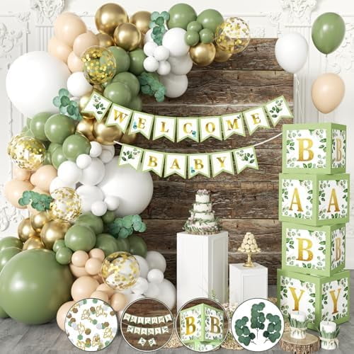 258 PC Sage Green Baby Shower Decorations, Gender Neutral Mint Balloons Garland and BABY Boxes, Welcome Baby Banner, Olive Green Baby Shower Decorations for Boy and Girl, Woodland Safari Jungle