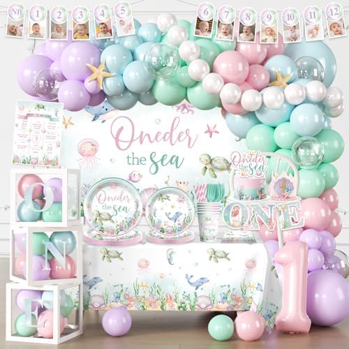 258 PCS Oneder The Sea Party Decorations Girl, Hassle-Free One-stop Set for 25 Guests, with Balloon, Banner, Backdrop, Plates and Napkins, Easy Setup for Girl's First Birthday