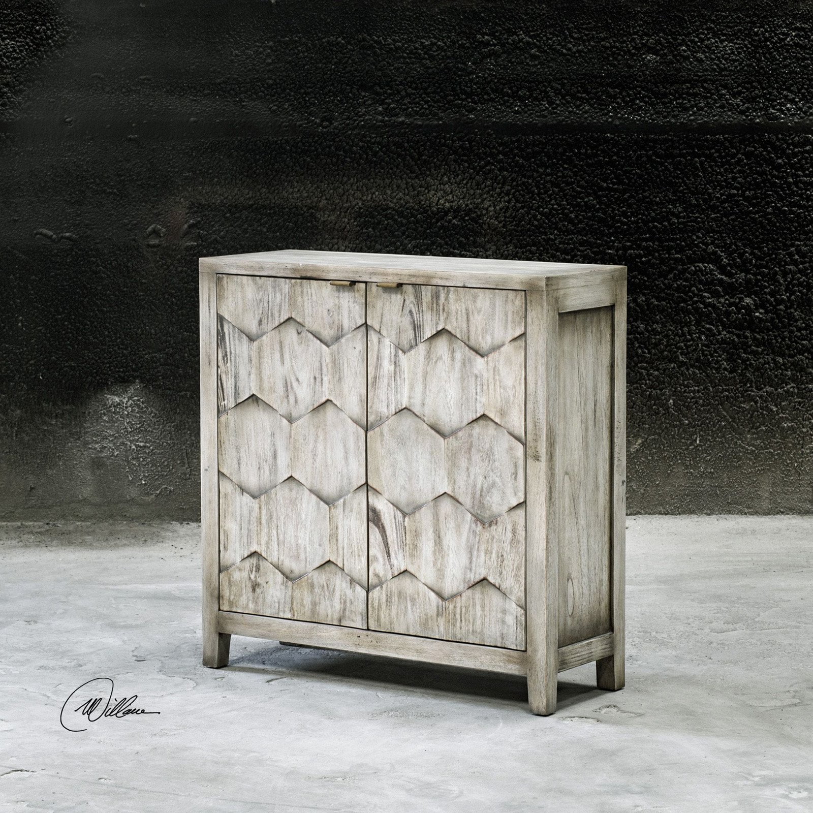 Smoked Ivory Engineered Wood Storage Cabinet with Honey-Comb Design