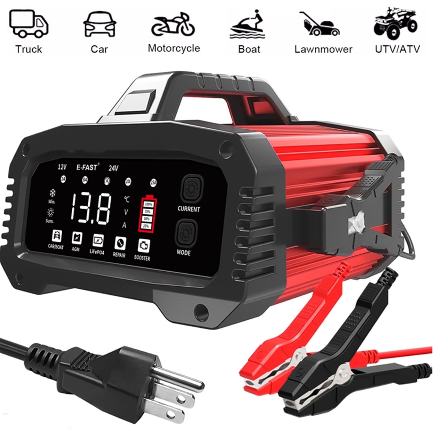 25A Battery Charger, 12V/24V All in One Lifepo4 Lead Acid Car Battery Charger