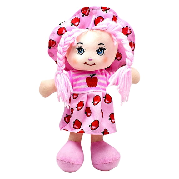 25Cm Pink Cotton-Filled Playable Plush Doll, Soft Fabric Rag toy with Apple-Printed Outfit & Braided Hair, Ideal Presents for Girls’ Birthdays, Sleepovers and Pretend Play