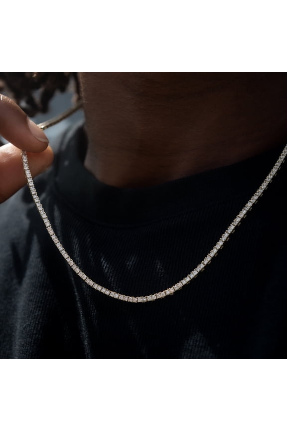 25Ct Round Cut 3MM Simulated Diamond Men's 20" Tennis Necklace 14K Yellow Gold Plated Silver