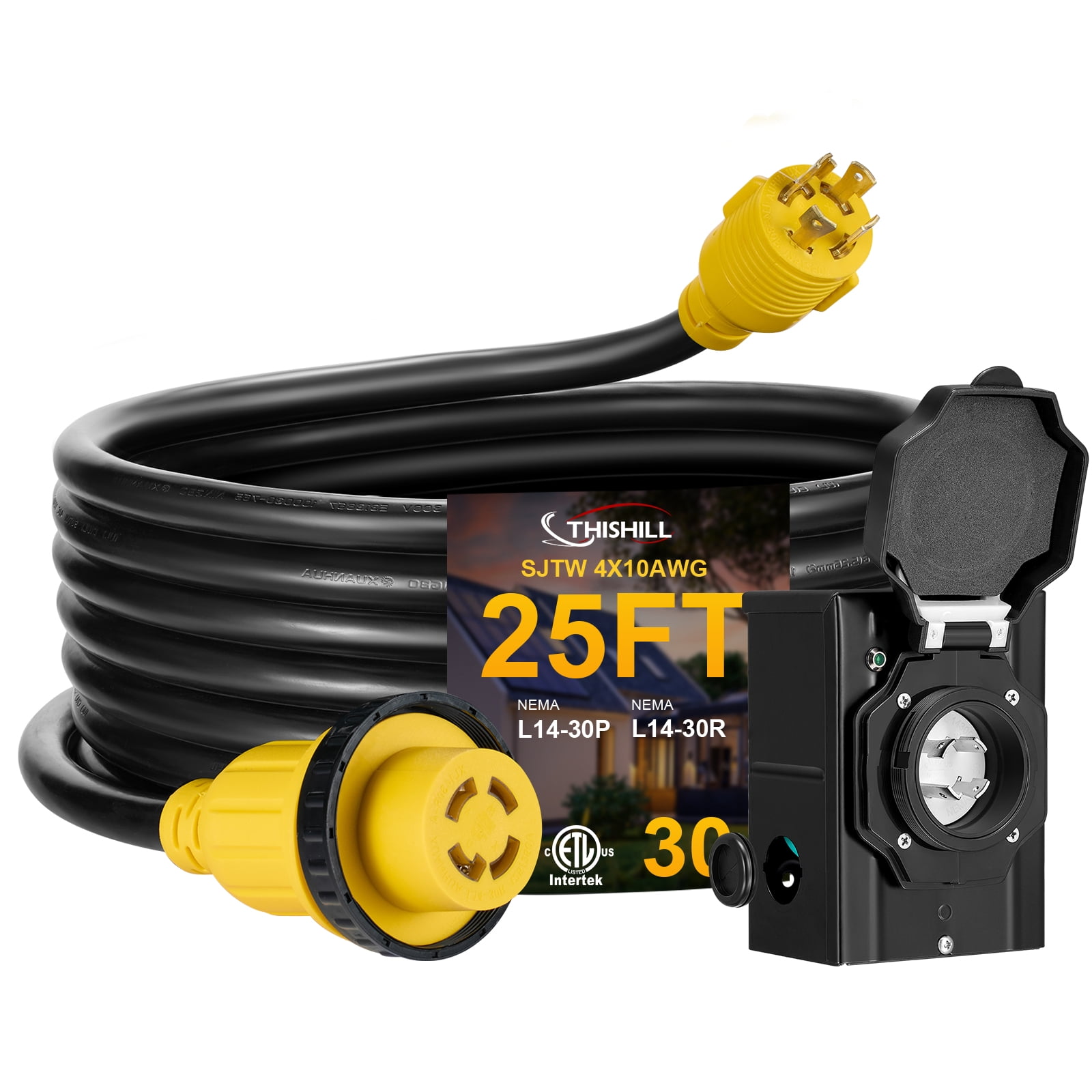 25FT 30 Amp Generator Cord with Pre-Drilled Power Inlet Box,Heavy Duty Generator Power Cord 4 Prong,125/250V,NEMAL14-30P/14-30R,Waterproof,ETL Listed,Home/RV Power Supply