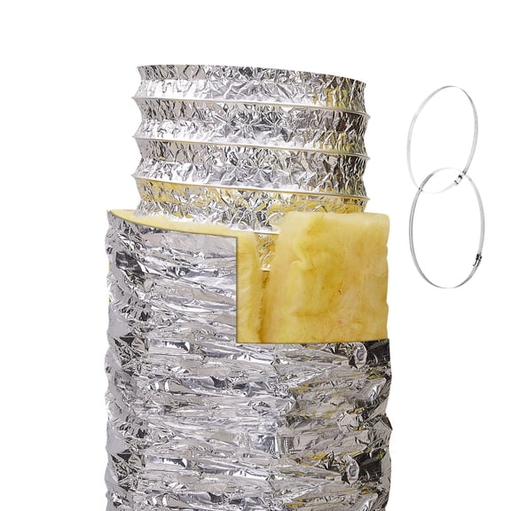 25FT 6'' Insulated Flexible Duct for Dryer Vent, HVAC & Exhaust, Flame Resistant R-4.2, Includes 2 Clamps - 3-Layer Durable Design
