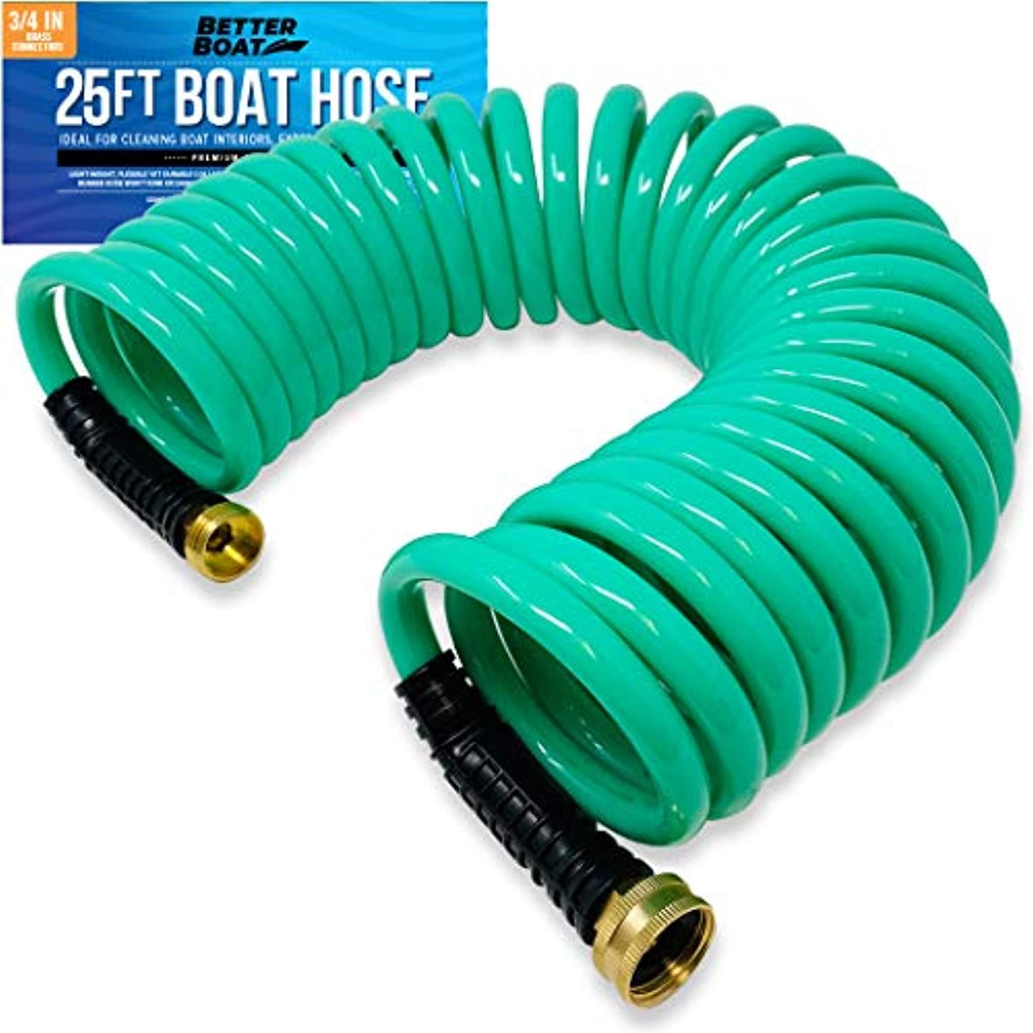25FT SelfCoil Boat Hose Perfect for RV, Car, Deck, Garden Wash Marine Grade, 3/4 Inch Brass